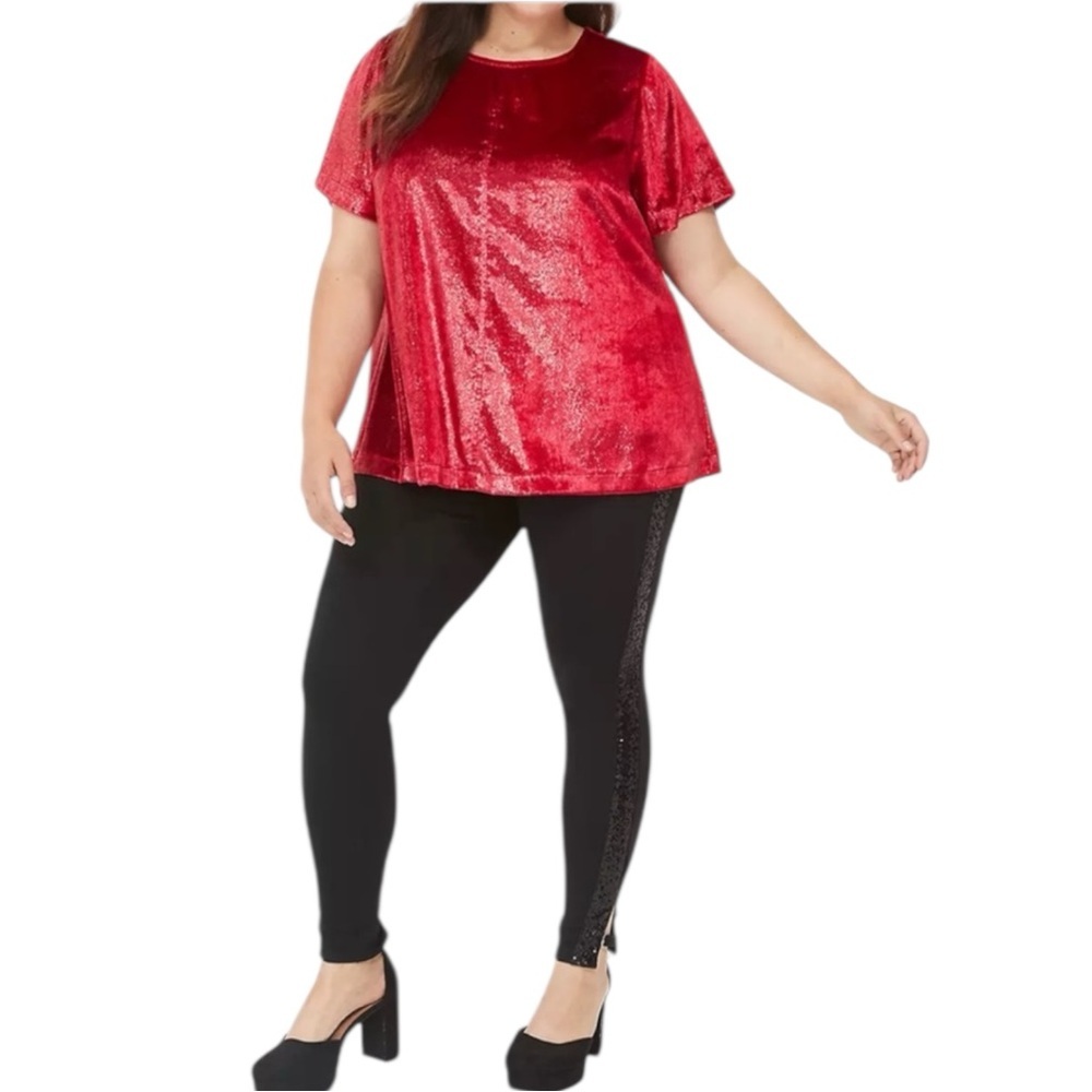 LANE BRYANT RED VELVET SHORT SLEEVED TOP SZ 14